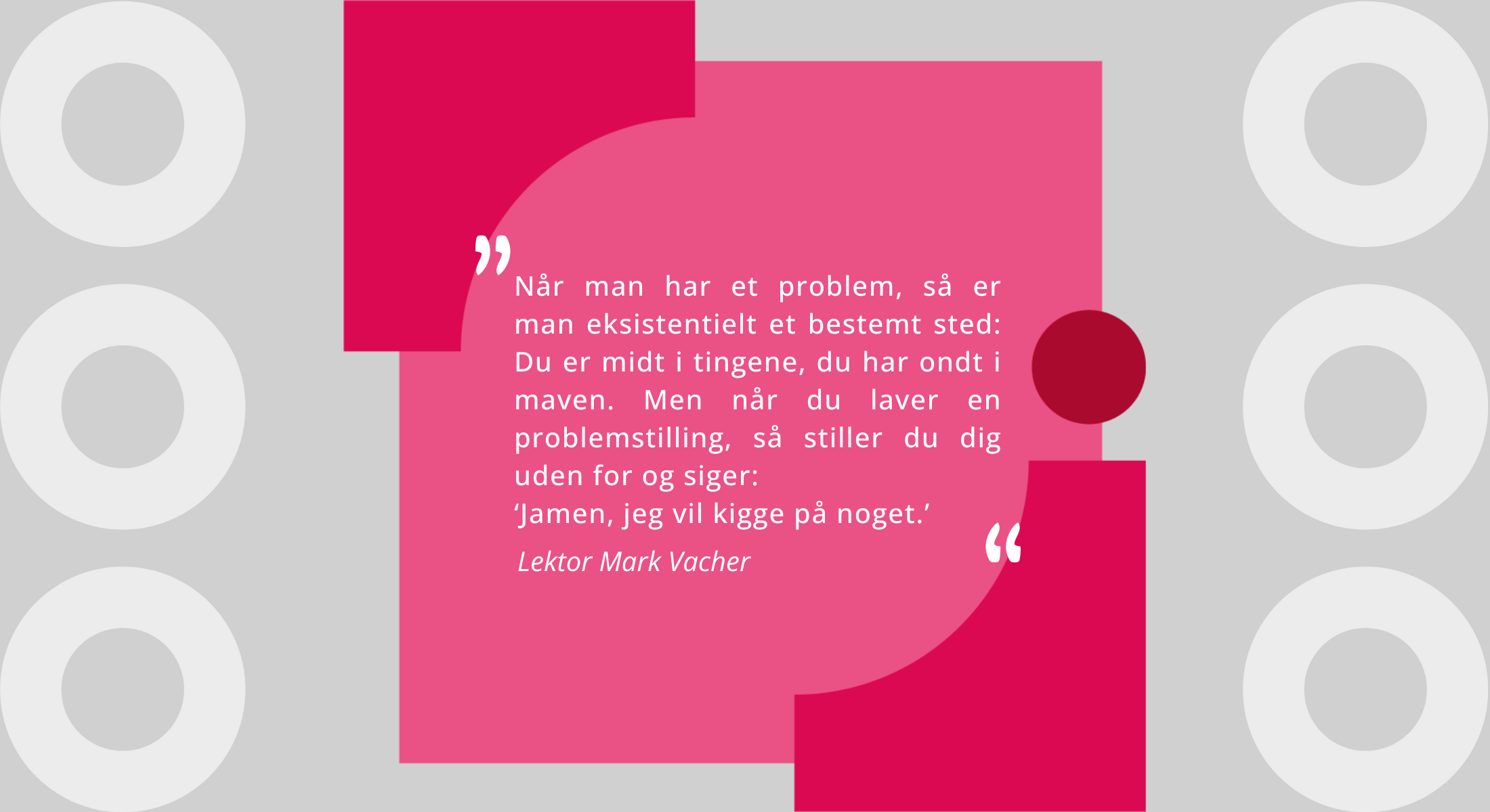 Citat af Lektor Mark Vacher: ”Når man har et problem, så er man eksistentielt et bestemt sted: Du er midt i tingene, du har ondt i maven. Men når du laver en problemstilling, så stiller du dig uden for og siger: ‘Jamen, jeg vil kigge på noget.’”